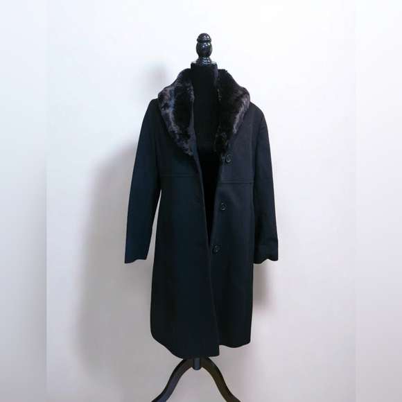 Wool Trench Coat With Faux Fur Collar Ankle Length - Size 6 - Picture 2 of 10